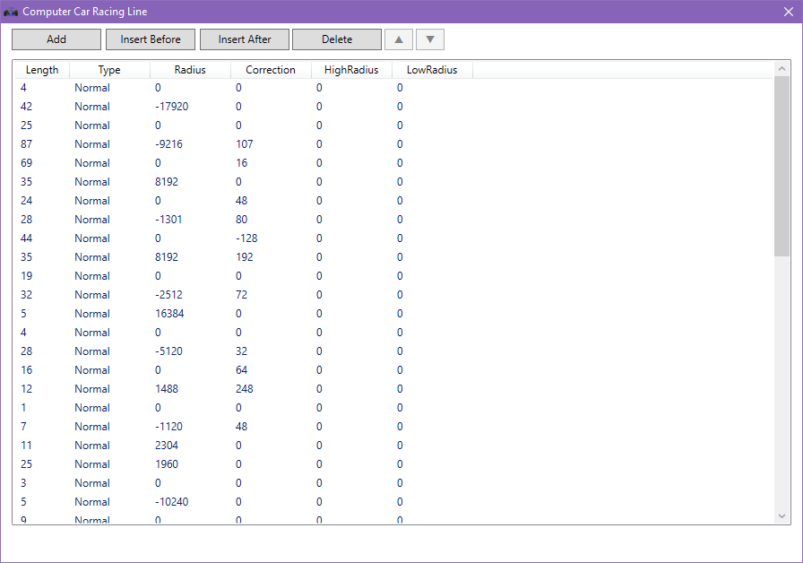 Computer car racing line segment list window screenshot